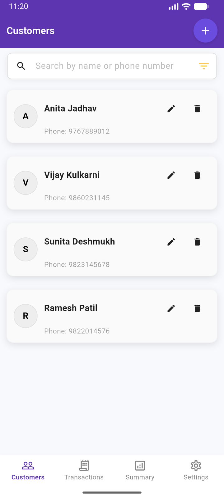 ChakkiBook customer list with search by name or phone number