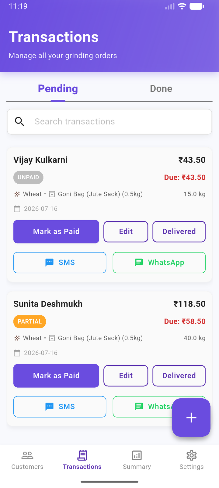 ChakkiBook transactions screen showing pending grinding orders with amounts due and WhatsApp bill buttons